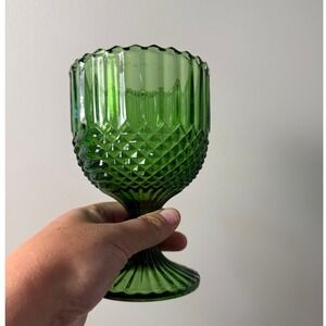 Vintage Indiana Glass Diamond Point Green Footed Goblet Compote MCM 1960s